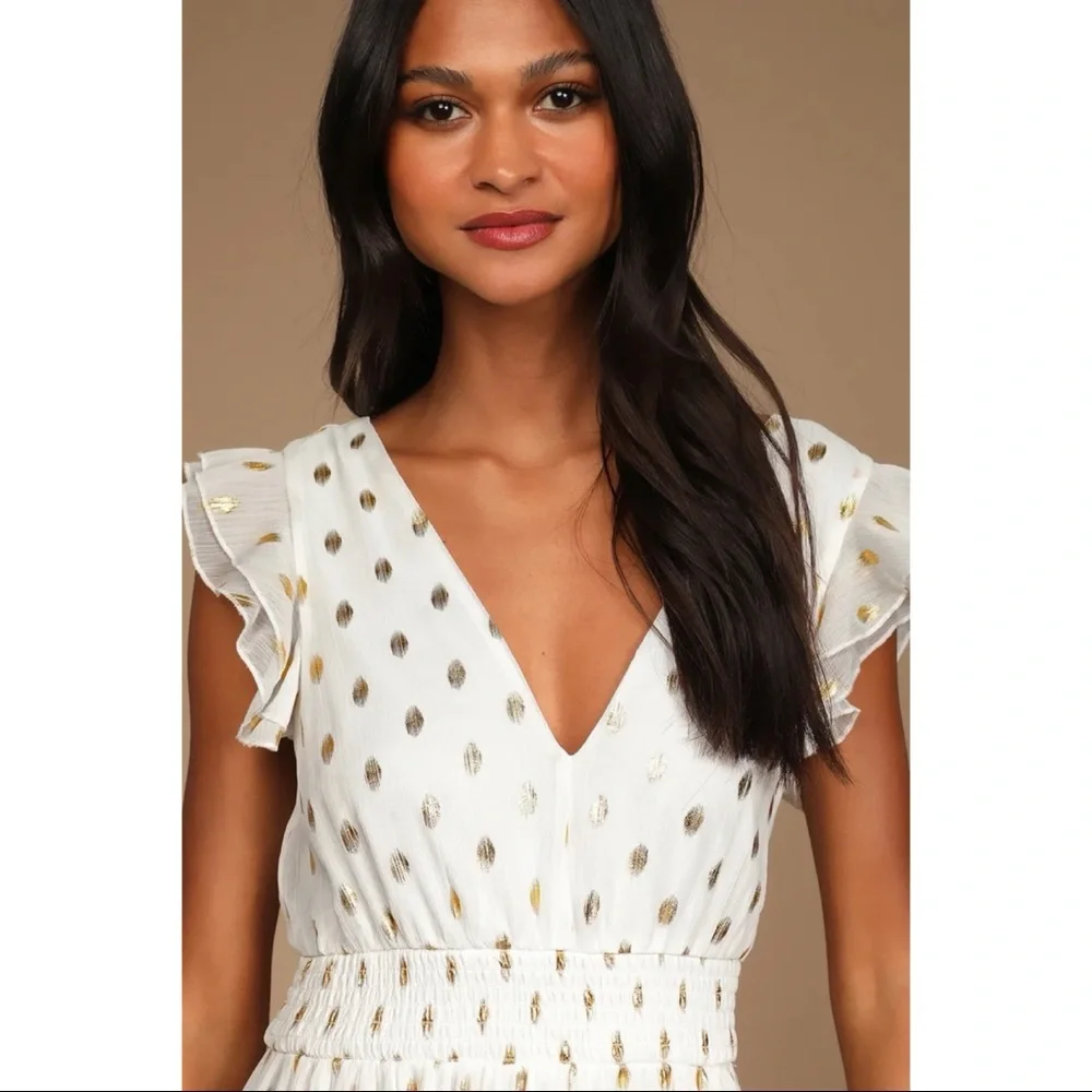 NWOT Lulus Cause to Celebrate White and Gold Dot Ruffled Tiered Midi Dress - Picture 4 of 11